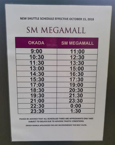 okada shuttle service 2023 schedule|Schedule of shuttle from megamall .